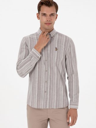 پیراهن آستین بلند مردانه قهوه ای روشن یو اس پولو