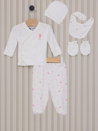 ست لباس نوزاد دختر کرم یو اس پولو